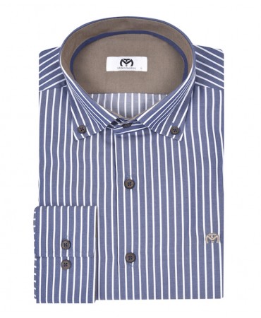 Shirt on a blue base with a white stripe and brown on the inside of the collar and cuffs