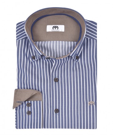 Shirt on a blue base with a white stripe and brown on the inside of the collar and cuffs