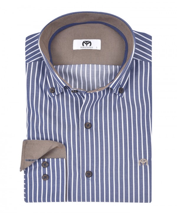 Shirt on a blue base with a white stripe and brown on the inside of the collar and cuffs MAKIS TSELIOS SHIRTS