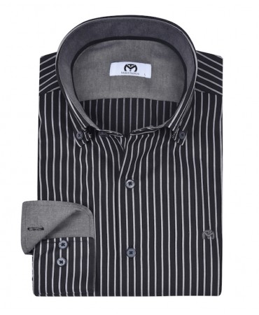 Makis Tselios shirt black with gray stripe as well as gray inside collar and cuff