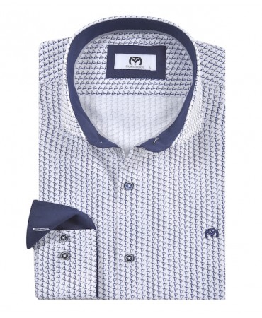 Makis Tselios shirt with a small design in blue on a white base