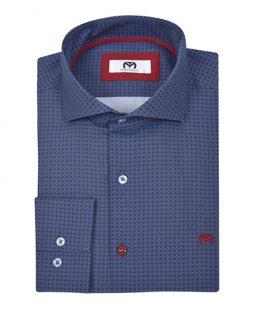 Makis Tselios blue shirt with geometric white pattern
