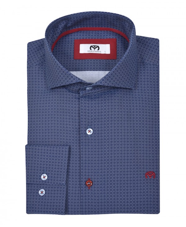 Makis Tselios blue shirt with geometric white pattern MAKIS TSELIOS SHIRTS