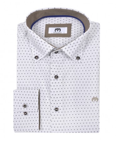 Makis Tselios white shirt with a small blue and beige pattern