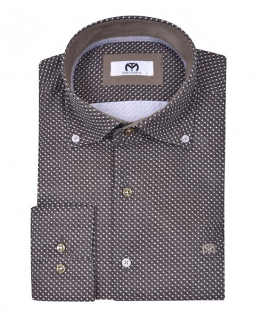Makis Tselios shirt in brown base with white small design and button on the collar