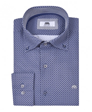 Shirt on a gray base with a blue and white small design as well as gray color inside the collar