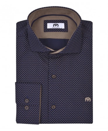 Makis Tselios shirt in dark blue base with brown and white micro pattern