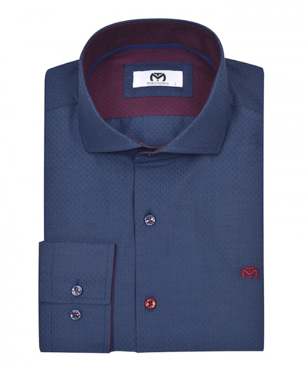 Solid blue shirt with micro pattern in the same color and burgundy trim inside the collar and cuff MAKIS TSELIOS SHIRTS