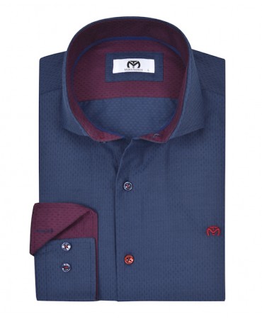 Solid blue shirt with micro pattern in the same color and burgundy trim inside the collar and cuff