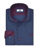 Solid blue shirt with micro pattern in the same color and burgundy trim inside the collar and cuff MAKIS TSELIOS SHIRTS
