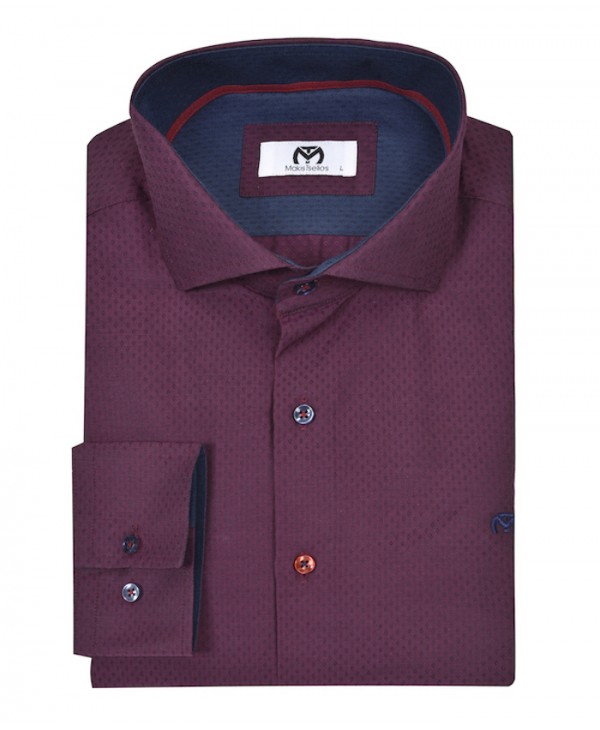 Makis Tselios burgundy shirt with a small design of its own color and blue trim inside the collar and cuff MAKIS TSELIOS SHIRTS