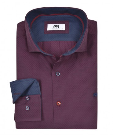 Makis Tselios burgundy shirt with a small design of its own color and blue trim inside the collar and cuff