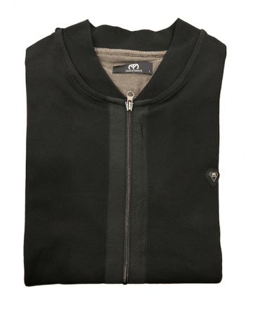 Black cardigan with pockets and brown stripes on them as well as dermatologist company logo