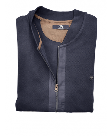 Makis Tselios blue jacket with pockets and leather company logo