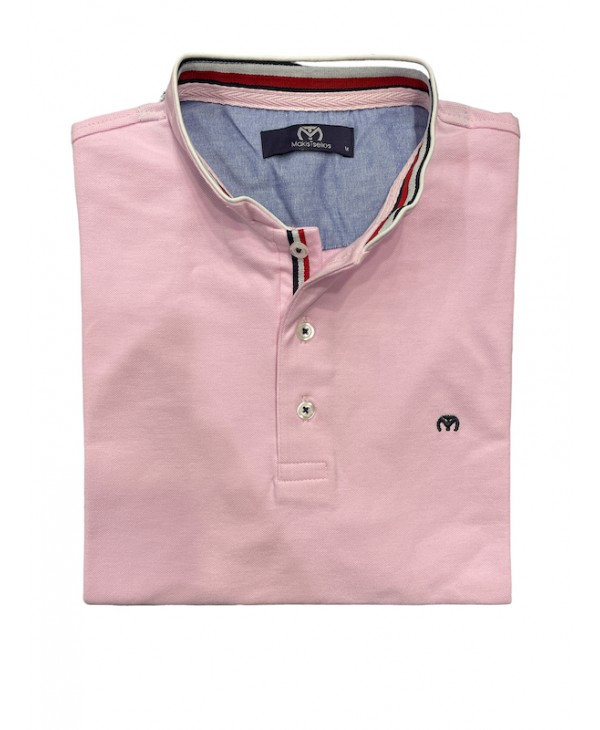 Men's summer t-shirt with mao collar on a pink base with special Makis Tselios placket SHORT SLEEVE POLO 