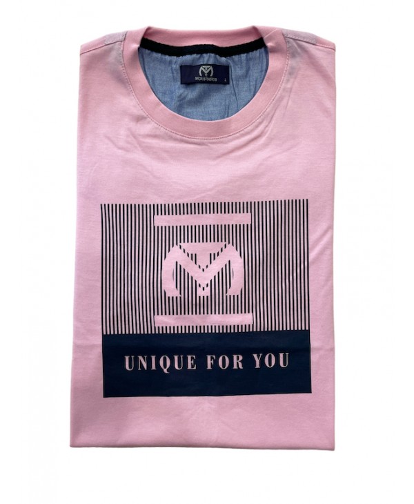 T-shirt for men Makis Tselios neck pink with blue company print T-shirts 
