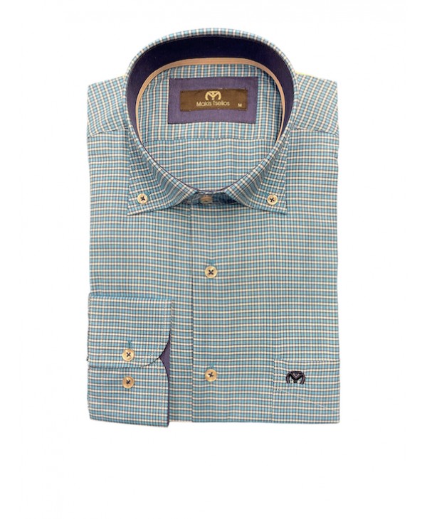 Men's shirt with white plaid on a turquoise base and special trims on the collar and cuff MAKIS TSELIOS SHIRTS