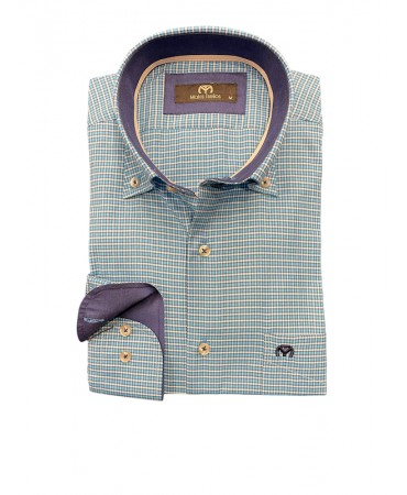 Men's shirt with white plaid on a turquoise base and special trims on the collar and cuff