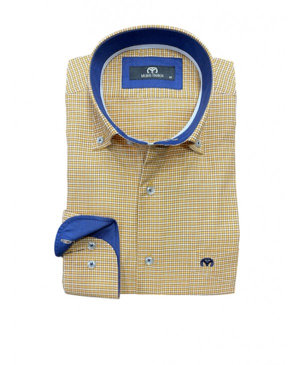 Makis Tselios yellow check shirt for men with pocket and blue trim MAKIS TSELIOS SHIRTS