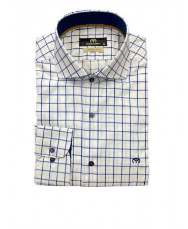 Makis Tselios men's shirt in a comfortable blue checked line on a white base with special trims on the collar and cuff