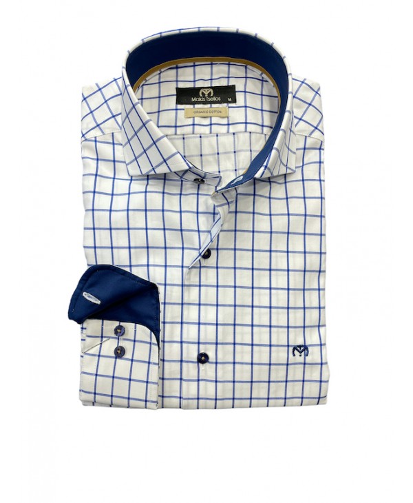 Makis Tselios men's shirt in a comfortable blue checked line on a white base with special trims on the collar and cuff MAKIS TSELIOS SHIRTS