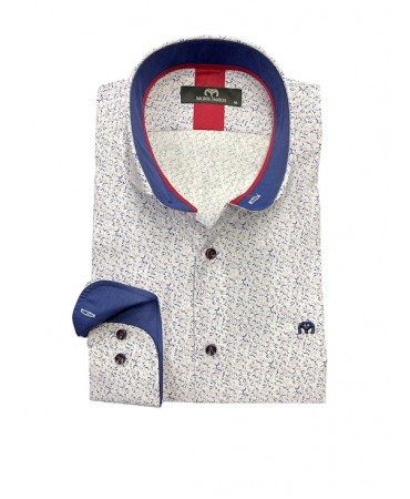 Makis Tselios men's shirt on a white base with a small blue and red design