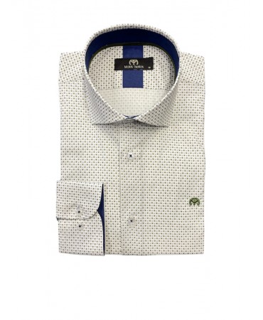 Men's shirt on an off-white base with a small oil pattern and special blue trim inside the collar and cuff