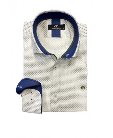 Men's shirt on an off-white base with a small oil pattern and special blue trim inside the collar and cuff