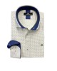 Men's shirt on an off-white base with a small oil pattern and special blue trim inside the collar and cuff MAKIS TSELIOS SHIRTS