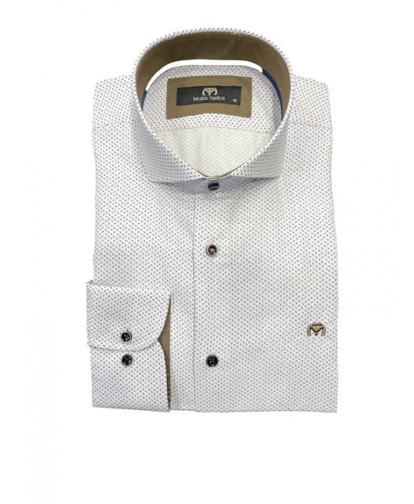 Men's shirt on a white base with a small beige and blue pattern MAKIS TSELIOS SHIRTS