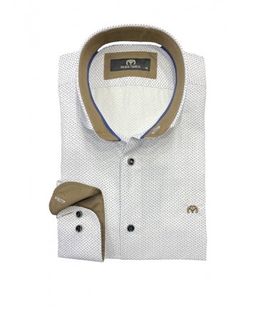 Men's shirt on a white base with a small beige and blue pattern