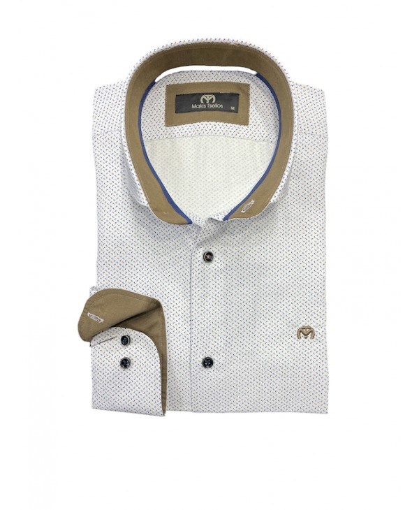 Men's shirt on a white base with a small beige and blue pattern MAKIS TSELIOS SHIRTS