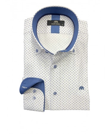 Makis Tselios men's shirt with a small blue design on a white base and special buttons