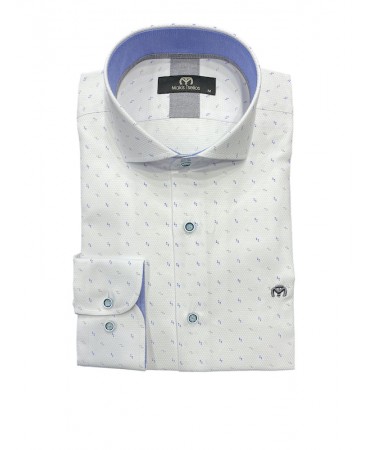 Makis Tselios men's shirt with blue and gray small pattern on a white base