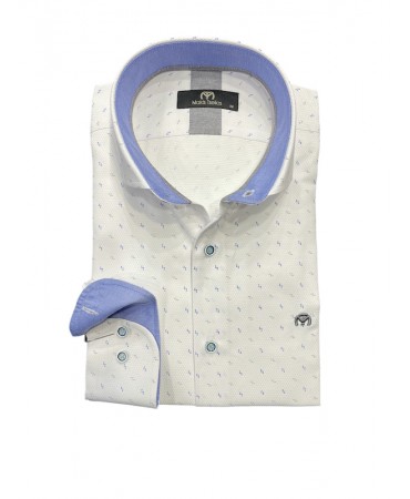 Makis Tselios men's shirt with blue and gray small pattern on a white base