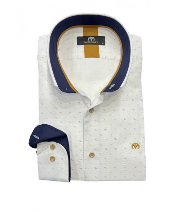 Makis Tselios men's shirt with blue and yellow small pattern on a white base
