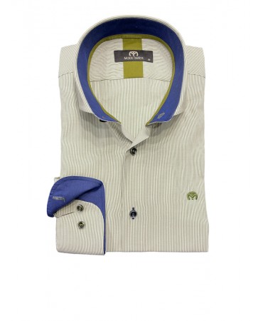 Men's olive striped shirt with rex collar and blue trim
