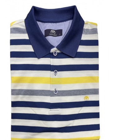 Makis Tselios summer men's t-shirt on a white base with blue yellow and raff stripes