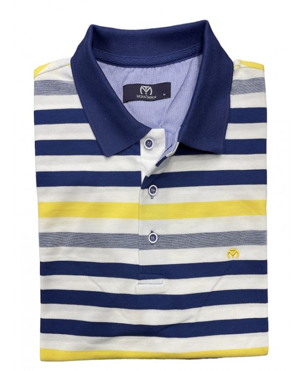 Makis Tselios summer men's t-shirt on a white base with blue yellow and raff stripes SHORT SLEEVE POLO 