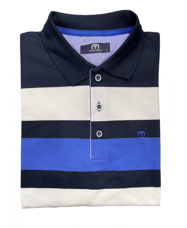 Men's summer t-shirt on a white base with blue and rouage stripes SHORT SLEEVE POLO 