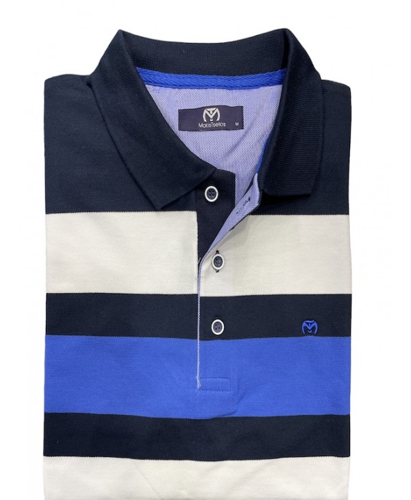 Men's summer t-shirt on a white base with blue and rouage stripes SHORT SLEEVE POLO 