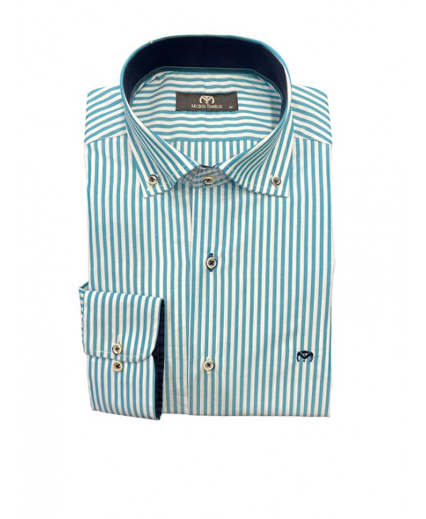 White men's shirt with petrol stripes and blue trimmings on the inside of the collar and cuffs MAKIS TSELIOS SHIRTS