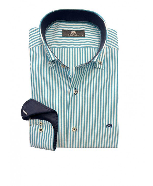 White men's shirt with petrol stripes and blue trimmings on the inside of the collar and cuffs MAKIS TSELIOS SHIRTS