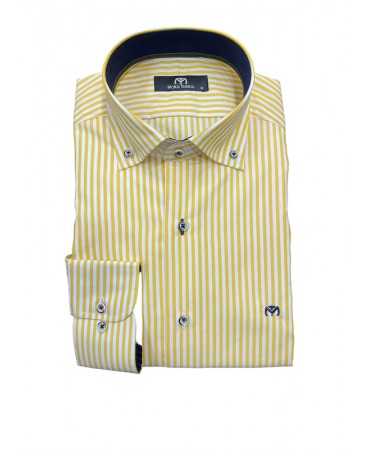 Makis Tselios men's white shirt with yellow stripe and blue trim inside the collar and cuff