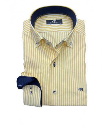 Makis Tselios men's white shirt with yellow stripe and blue trim inside the collar and cuff
