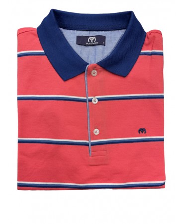 Makis Tselios man's t-shirt with blue and white stripes on a coral base