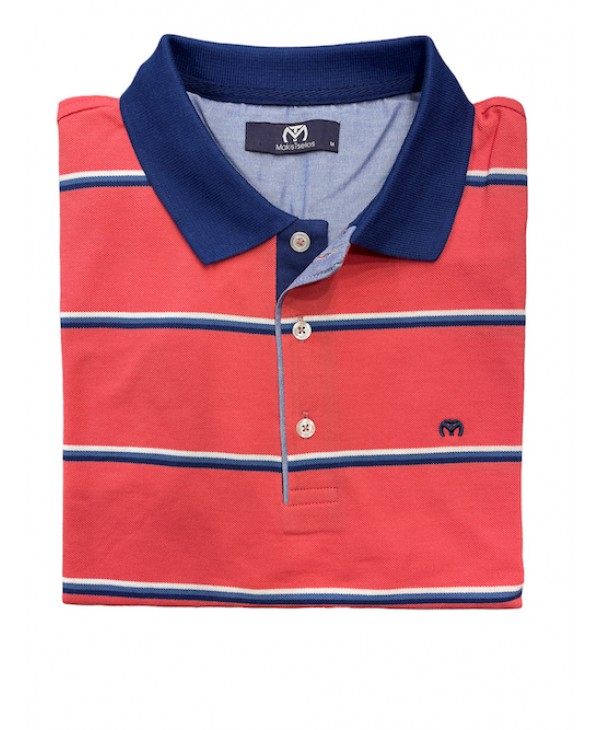 Makis Tselios man's t-shirt with blue and white stripes on a coral base SHORT SLEEVE POLO 