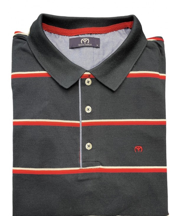 Men's polo shirt on a blue base with a red and white stripe SHORT SLEEVE POLO 