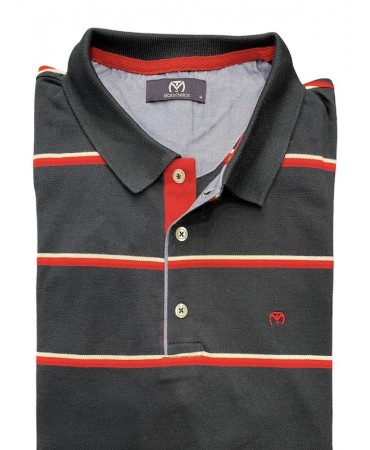 Men's polo shirt on a blue base with a red and white stripe