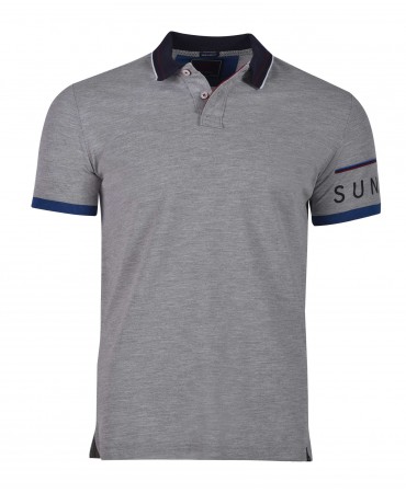 Makis Tselios gray polo t-shirt with blue trim and logo on the sleeve